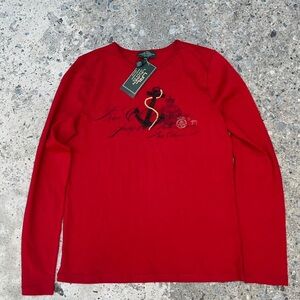 Lauren Ralph Lauren Red Beaded Anchor Long Sleeve Shirt Womens P/S Petite NWT